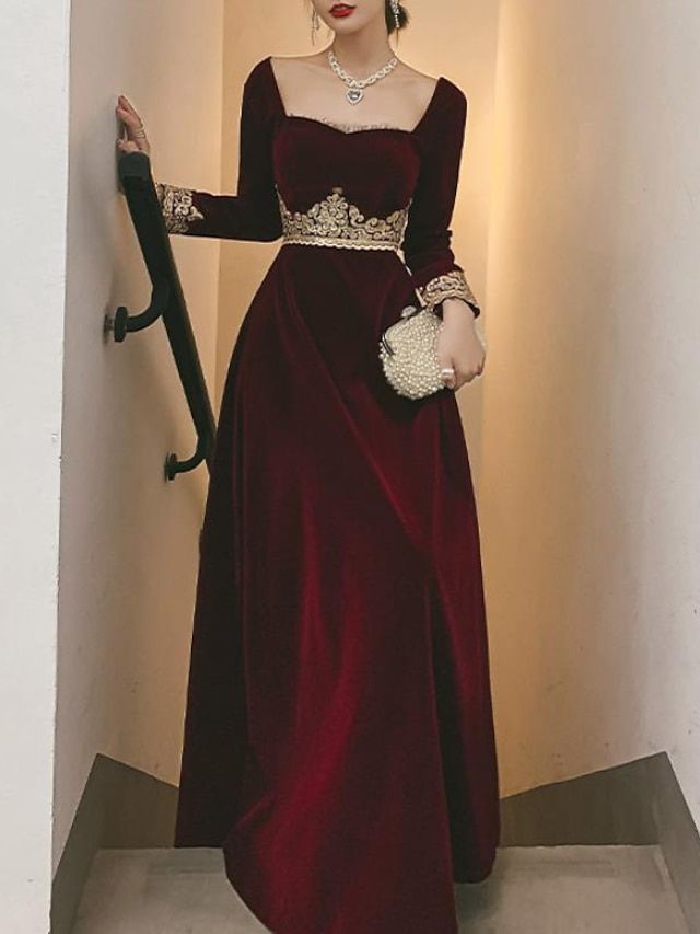 long sleeve dresses_A-Line Prom Black Dress Vintage Dress  Party Wear Floor Length Long Sleeve Scoop Neck Fall Wedding Guest Velvet with Appliques  dress to impress 2025 - $89.99