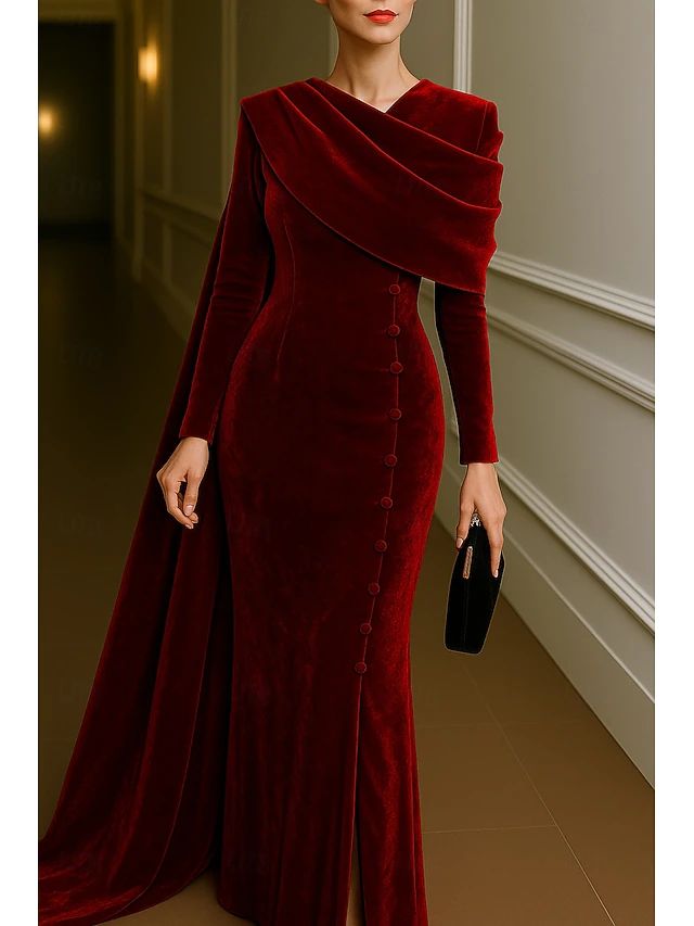 elegant dresses_Sheath / Column Floor Length Ball Gown with Cape Evening Gown Formal Dress Elegant Long Sleeve Stand Collar Wedding Formal Velvet with Pleats 2025 - $169.99