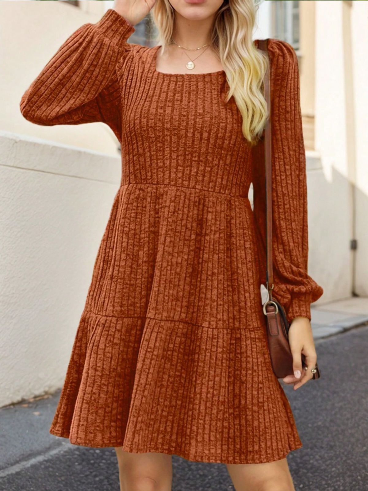 long sleeve dresses_Dresses For Women,Sweater Dresses For Women,Casual Dresses For Women,Womens Square Neck Long Sleeve Fall Dresses Casual Babydoll Sweater Dress