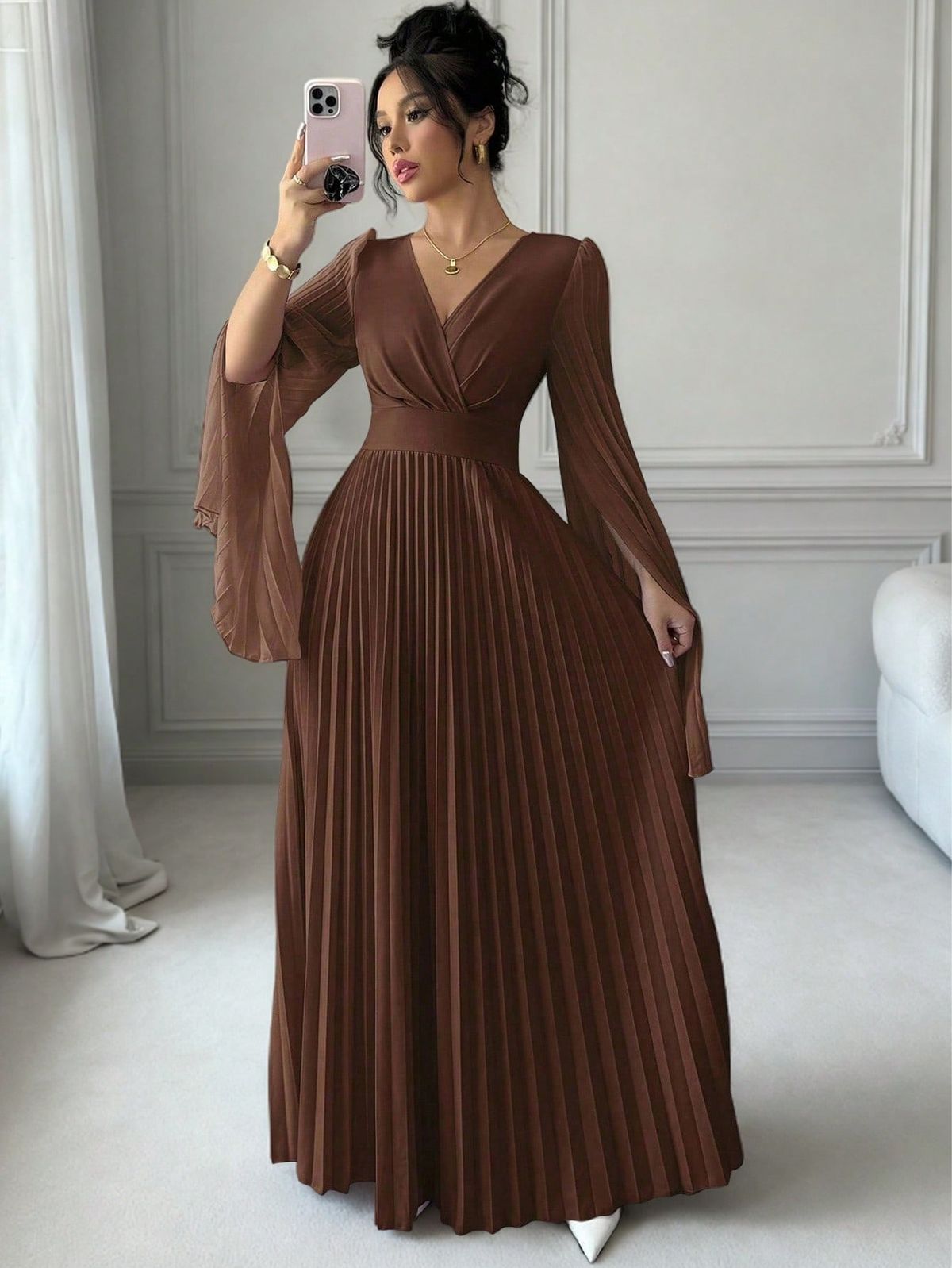 long sleeve dresses_V-Neck Pleated Open Sleeve Elegant Romantic Women Dress Maxi Women Outfit Fall Cloth For Women