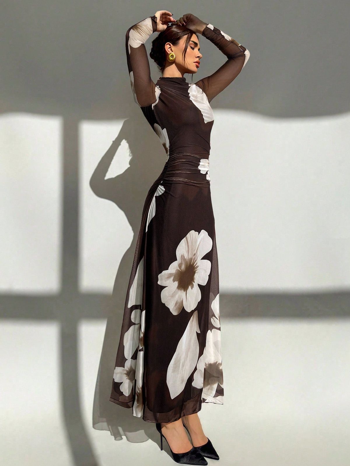 long sleeve dresses_New Autumn/Winter Red Tie Dye Floral Mesh Print Party Long Sleeve Fitted Dress