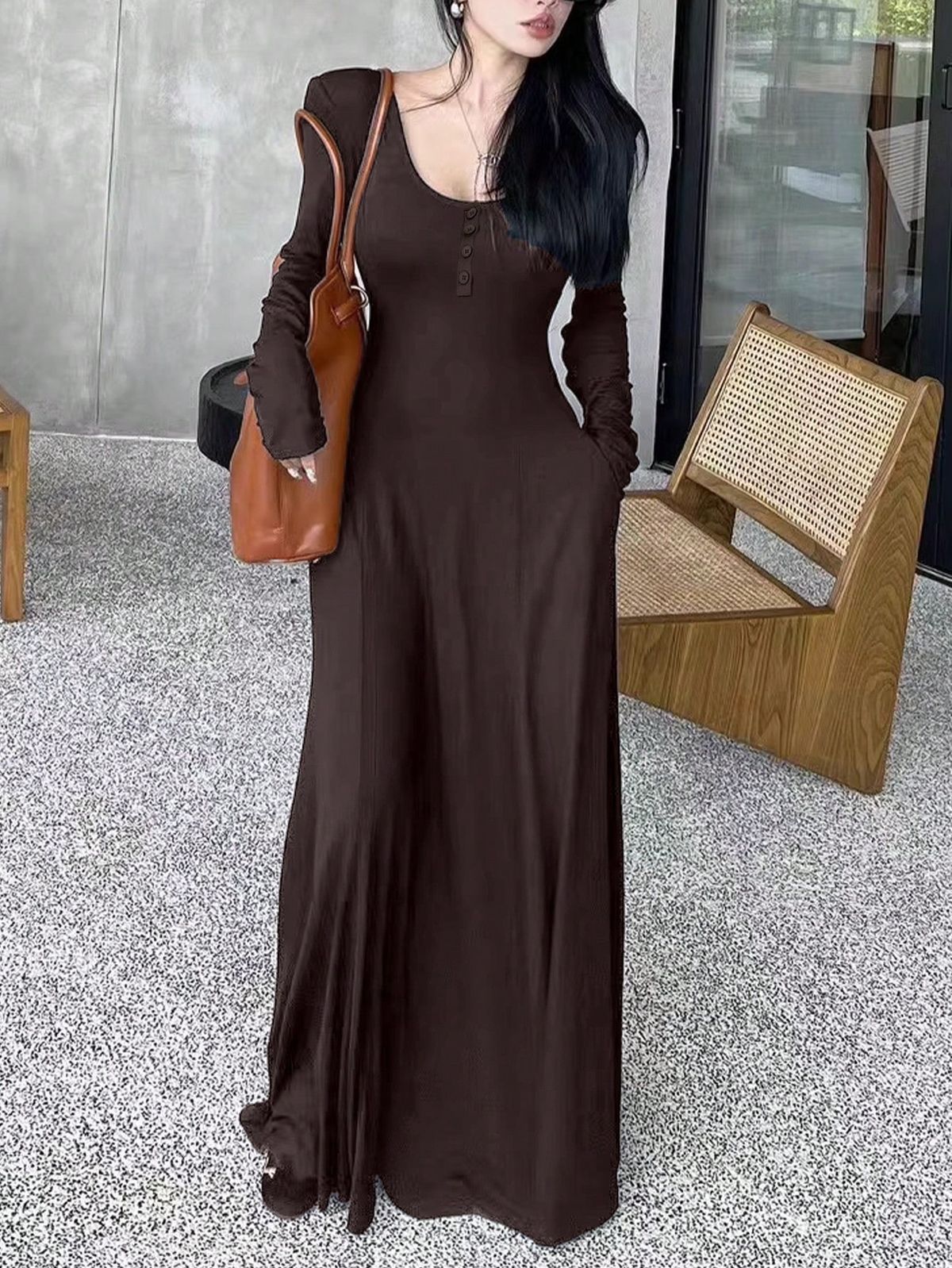 long sleeve dresses_Women's Long Solid Color Warm Fleece Lined Dress