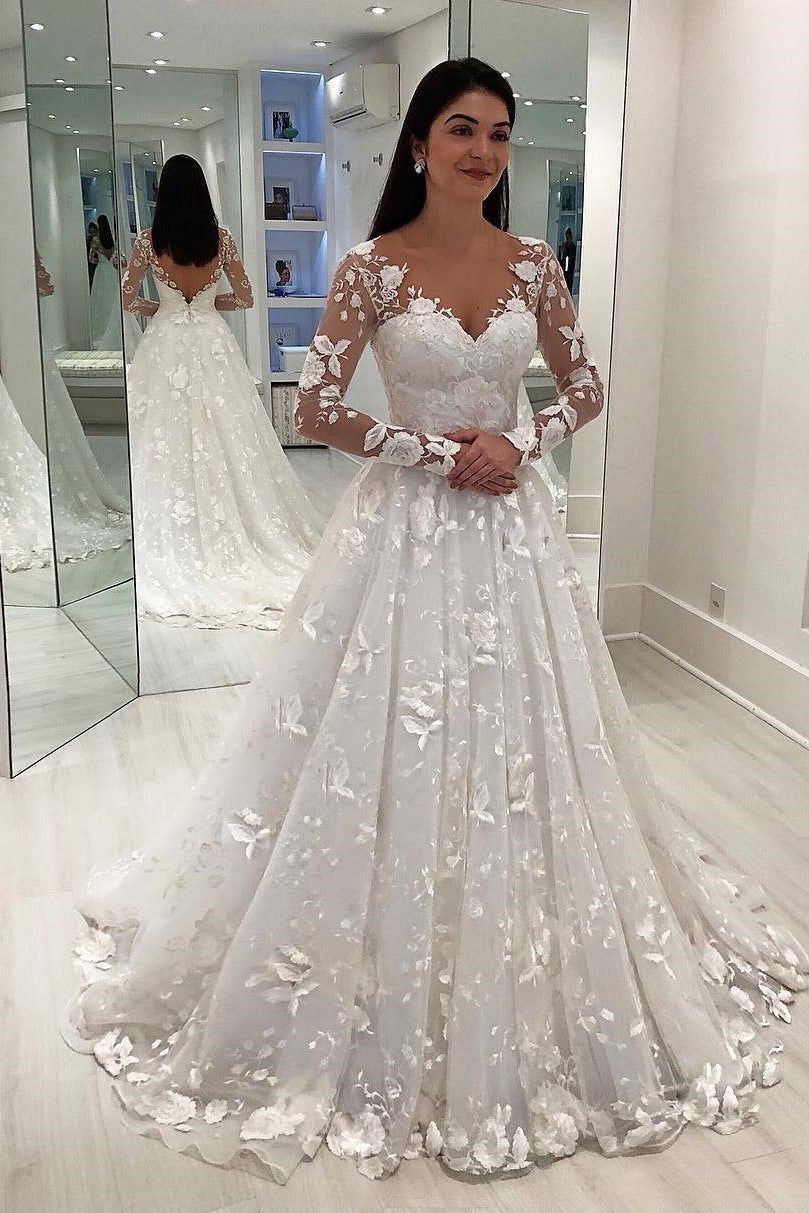 long sleeve dresses_A-line V-neck Long Sleeve Floor Length Chapel Tulle Crochet Flower Wedding Dress