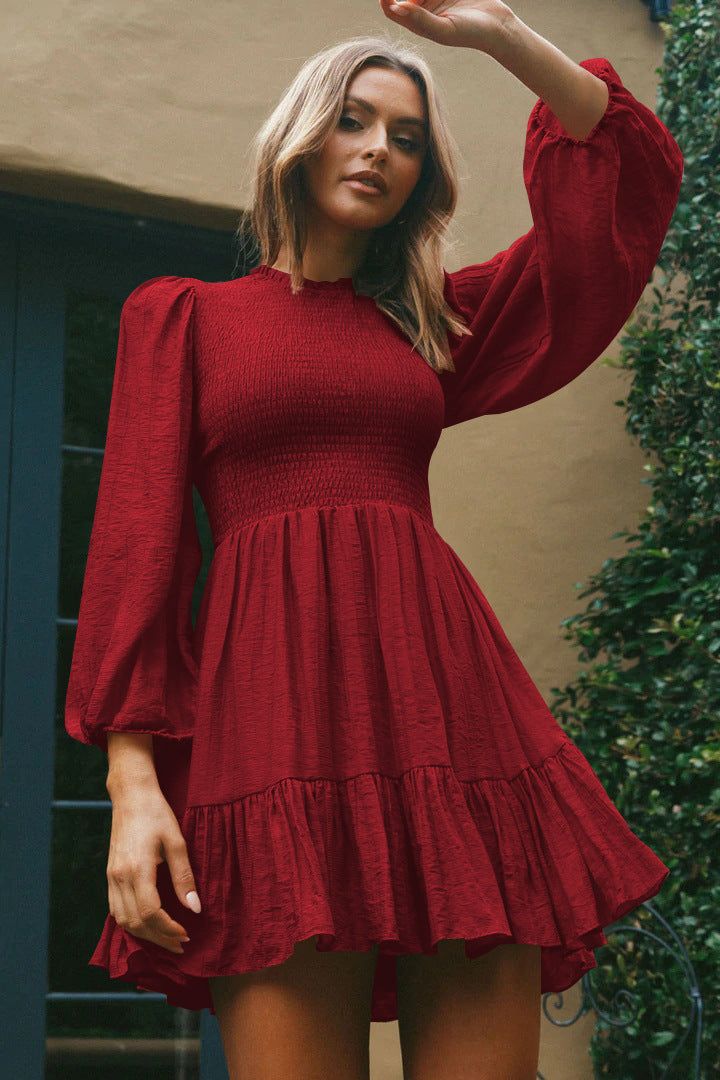 long sleeve dresses_Zingj Commute Autumn Fashion Women's Long-sleeved Ruffled Elegant Dress Gqox068-Wine Red-S