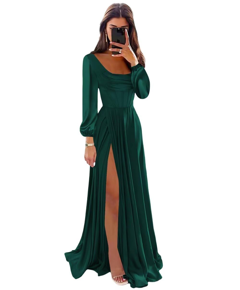 long sleeve dresses_INEWER Long Sleeve Satin Bridesmaid Dresses with Slit for Women Square Neck Prom Dress with Pockets