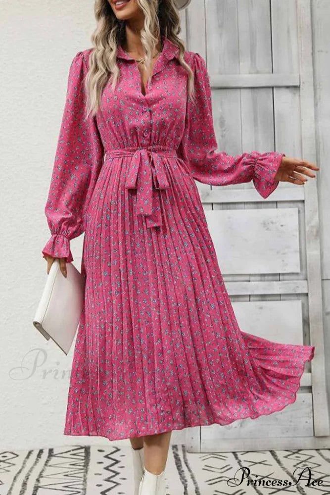 long sleeve dresses_Floral Tie Waist Long Sleeve Pleated Midi Dress - Green / XL
