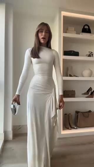 long sleeve dresses_Wow. This is so demure! Blanc™ - Long Sleeves Draped Slit Maxi Party Dress