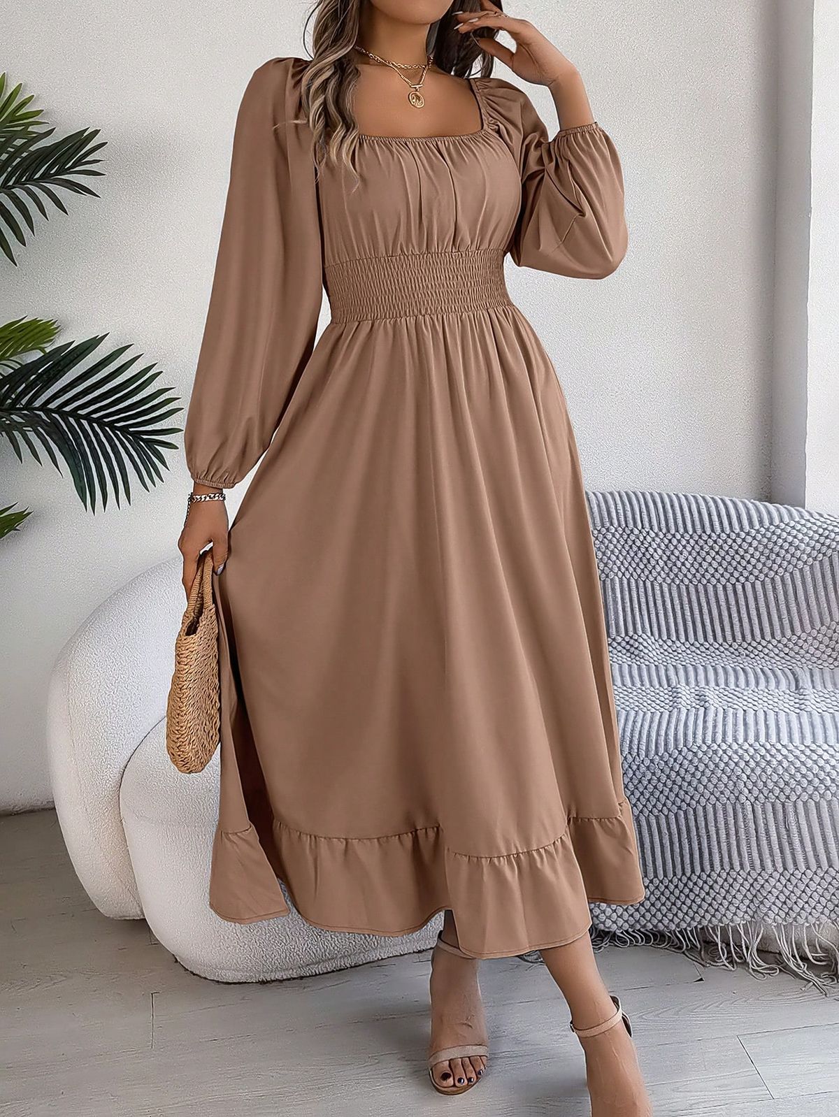 long sleeve dresses_Actual Photo Spring/Summer Elegant Square Neckline Gathered Waist Ruffle Hem Dress