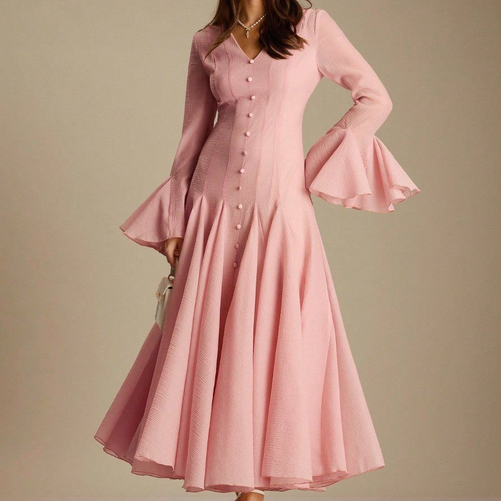 long sleeve dresses_Pastel Pink Elegant Women's V-Neck Ruffled Hem Long Sleeves Maxi Dress | Color: Pink | Size: Various