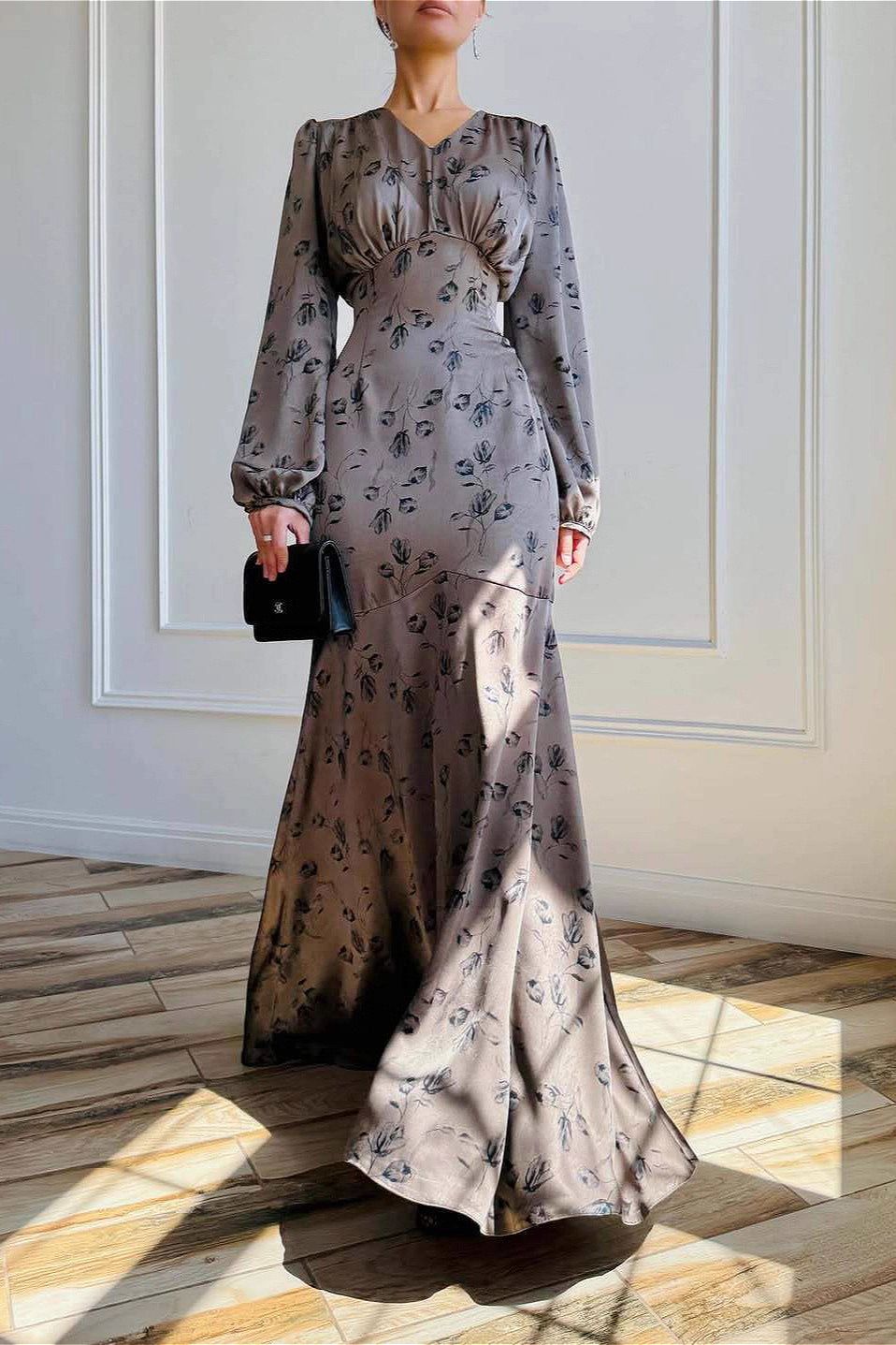 long sleeve dresses_Elegant Satin High Waist Floral Dress