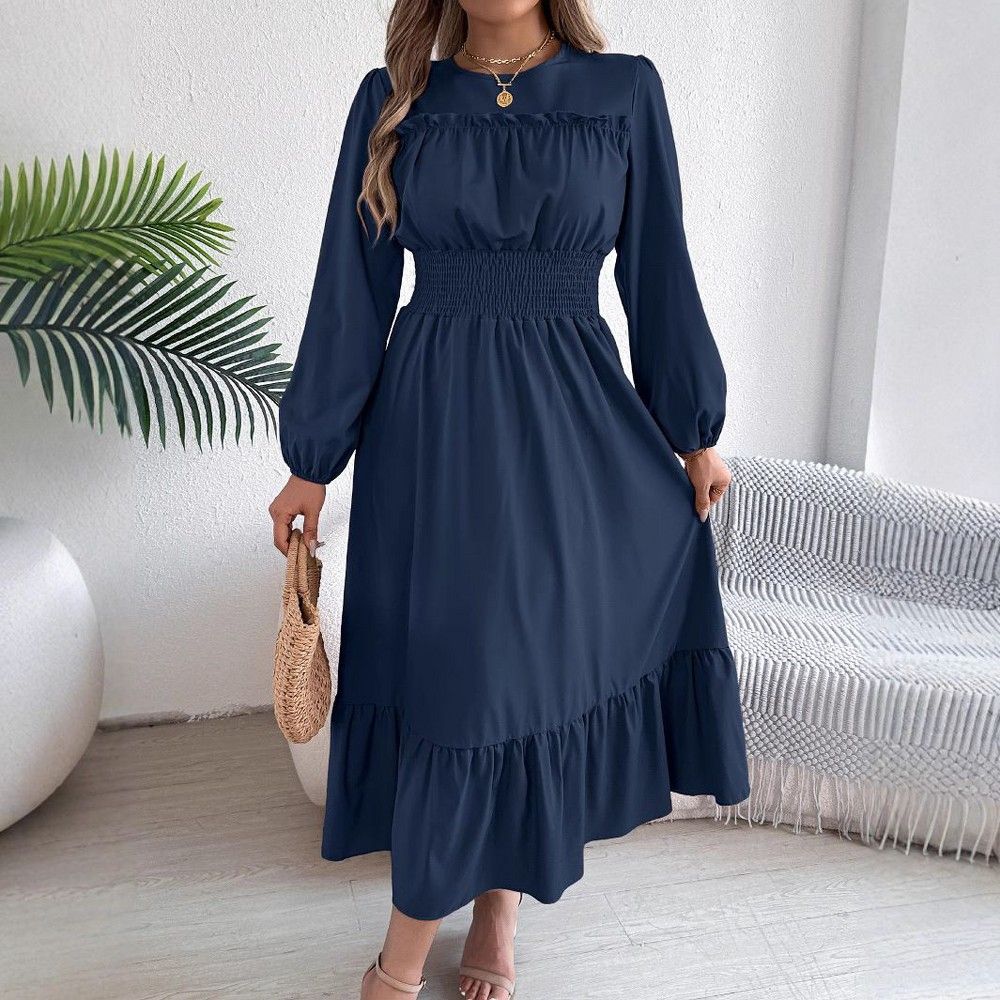 long sleeve dresses_Coolmee Women's Boho Square Neck Smocked Long Puff Sleeve A Line Maxi Dress Navy S