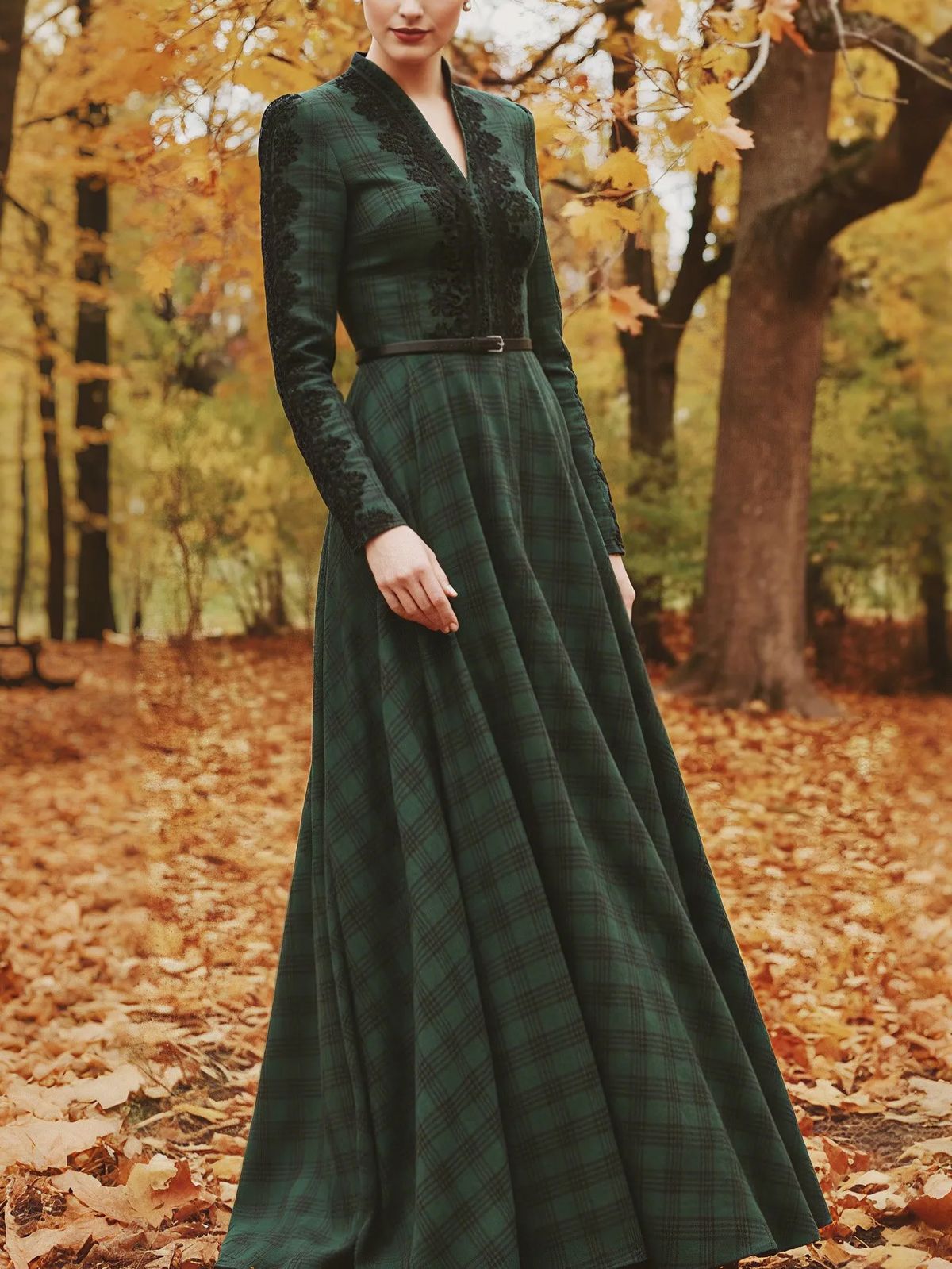 long sleeve dresses_Maxi Linen Dress, Long Sleeves, V Neck, Plaid, Lace, Vintage, Deep Green
