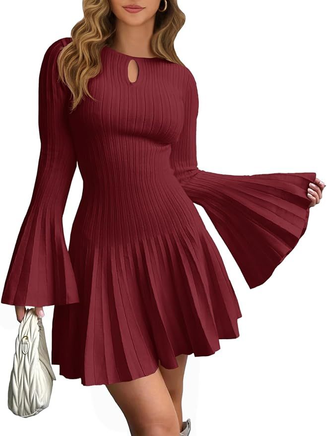 long sleeve dresses_Saodimallsu Womens Long Bell Sleeve Mini Knit Dress Flowy A Line Pleated Bodycon Crew Neck Elegant