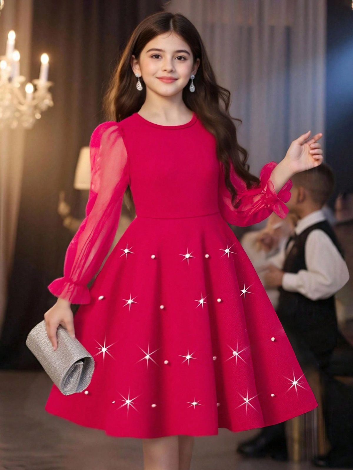 long sleeve dresses_Christmas Clothes, Tween Girl Fall Outfits, Autumn Dresses, Girls Textured Knit Dress With Pearl Hem, Mesh Sleeve, Fashionable & Elegant For Party, Daily, Commute