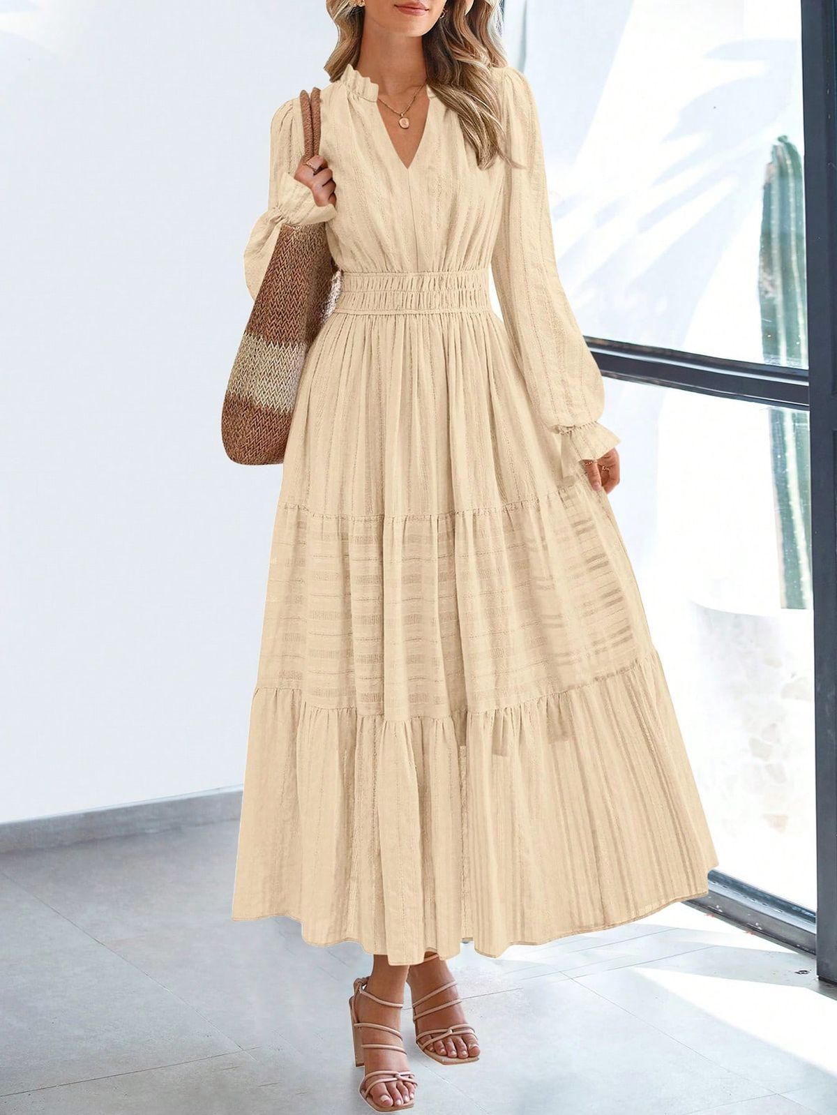 long sleeve dresses_Christmas Women's  Fall Wedding Guest Dresses Long Sleeve V Neck Flowy Elegant Holiday Party Maxi Dress With Pockets
