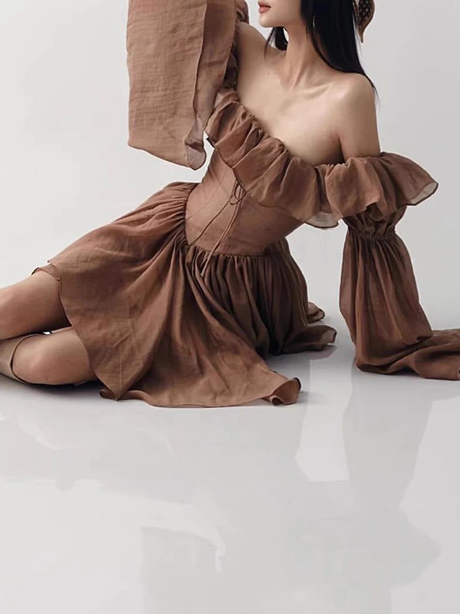 long sleeve dresses_Slimming Spliced Ruffles Folds Fashion Dresses for Women Slash Neck Long Sleeves Patchwork Lace Up Dress Female New - COFFEE / S