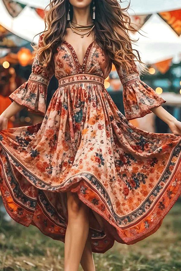 long sleeve dresses_Bohemian Floral Print V-neck Waist Midi Dress