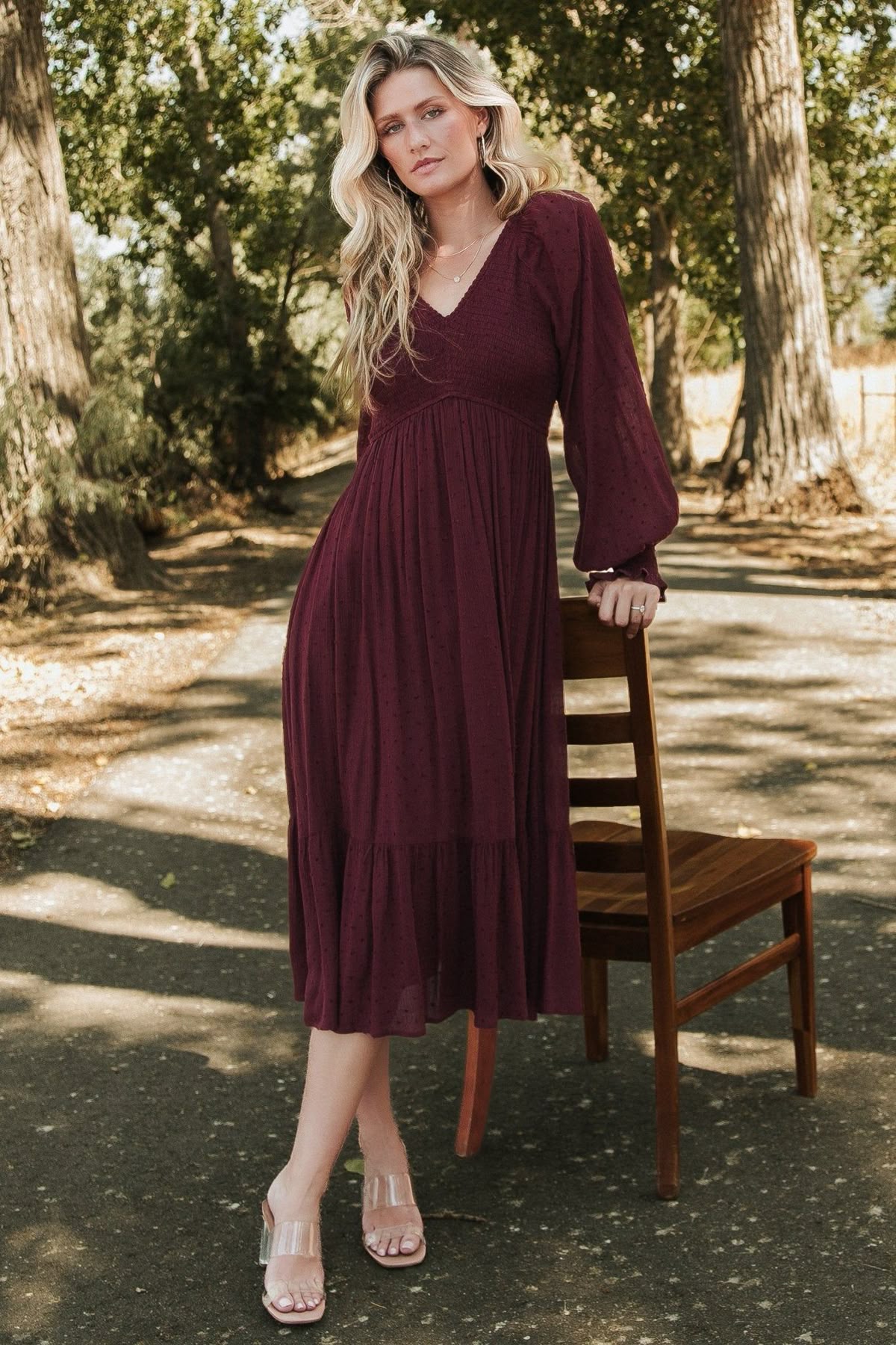 long sleeve dresses_Lainey Smocked Dotted Midi Dress | Mulberry