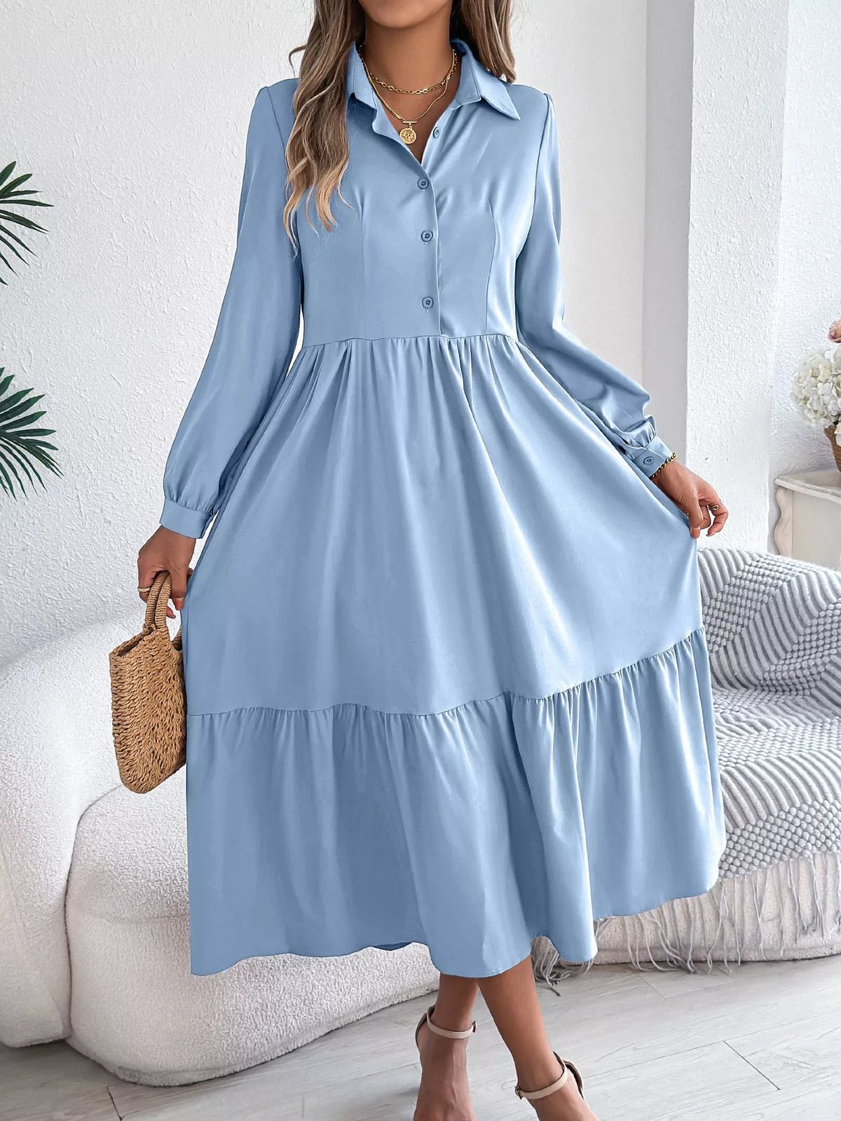 long sleeve dresses_Hazel Blues® |  Long Sleeve Tiered Button Front Midi Dress - Light Blue / XL