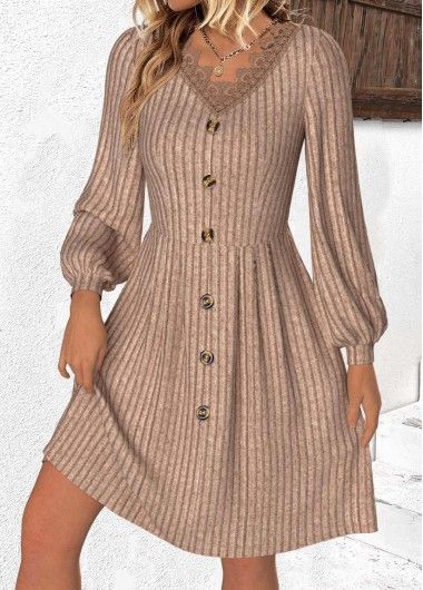 long sleeve dresses_ROTITA Patchwork Light Coffee V Neck Long Sleeve Dress