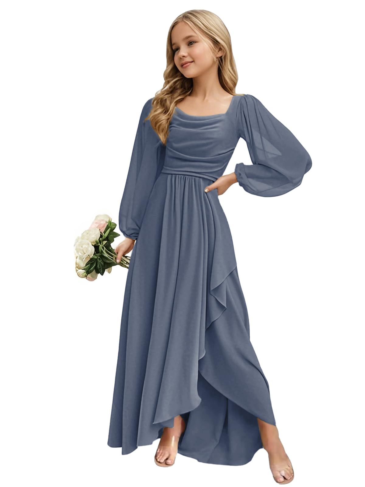 long sleeve dresses_HTWORGRE Junior Bridesmaid Dress Long Sleeve Slit Chiffon Flower Girl Dress Teen Girl Formal Dresses Square Neck