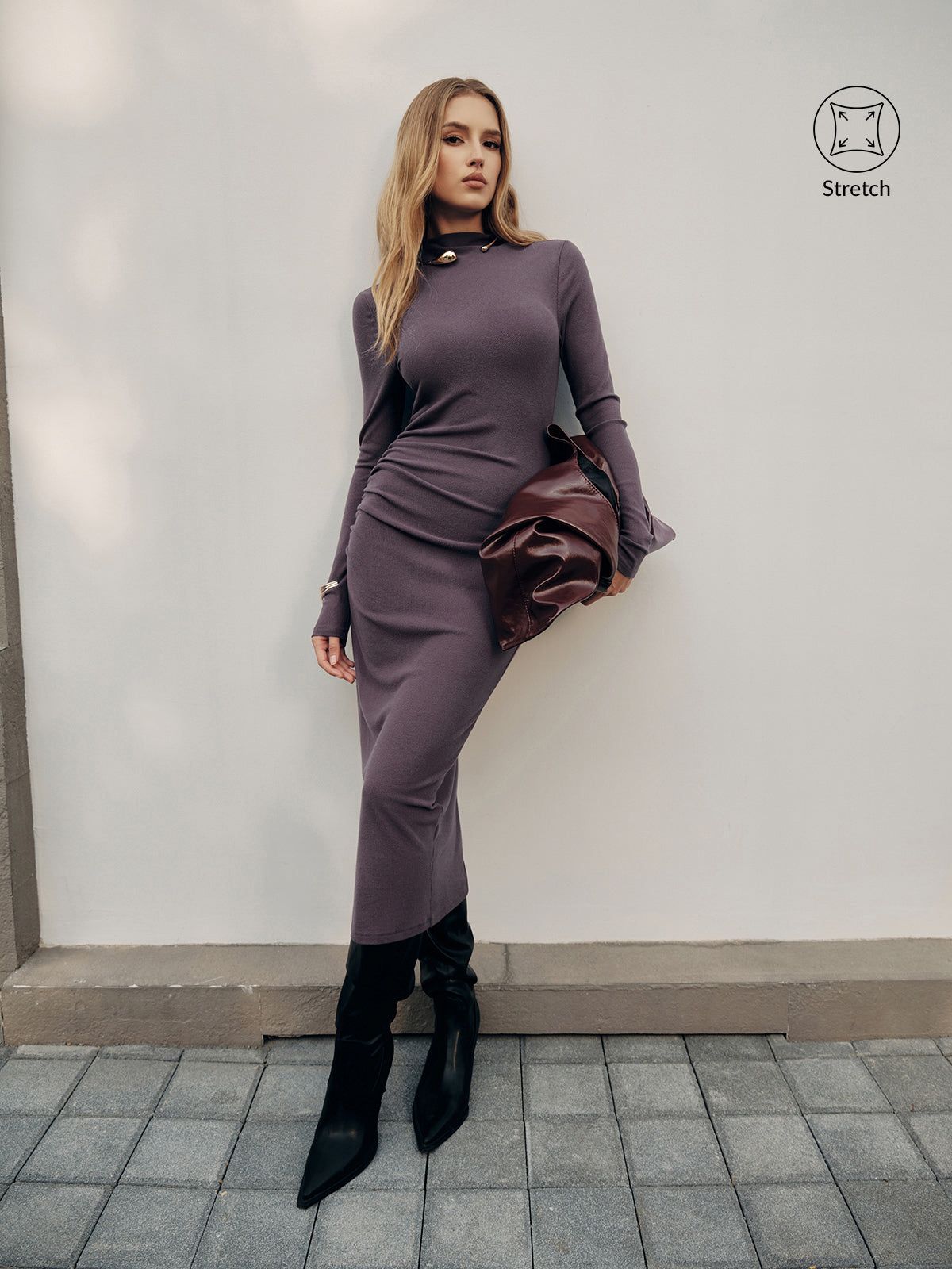 long sleeve dresses_Long Sleeve Ribbed Ruched Maxi Dress