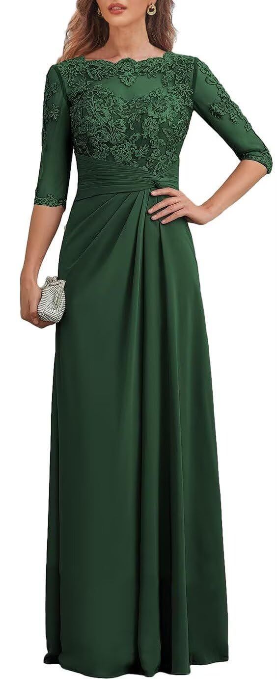 long sleeve dresses_ALEESHUO Chiffon Mother of The Bride Dresses with Half Sleeve Lace Applique Long Formal Dress for Wedding JMLFLPW352
