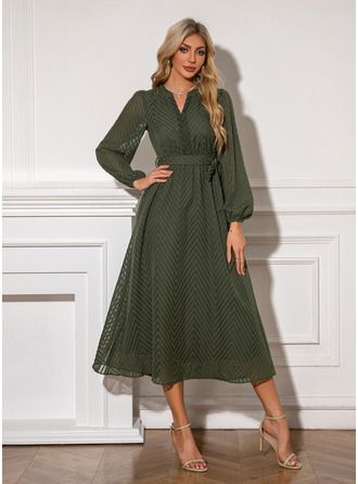 long sleeve dresses_JJ's House V-Neck Long Sleeve A-line Chiffon Midi Dress