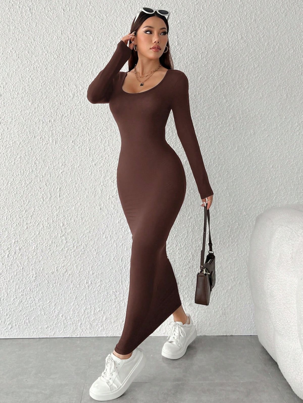 long sleeve dresses_Women's Solid Color Crew Neck Long Sleeve Maxi Elegant Bodycon Dress, Autumn