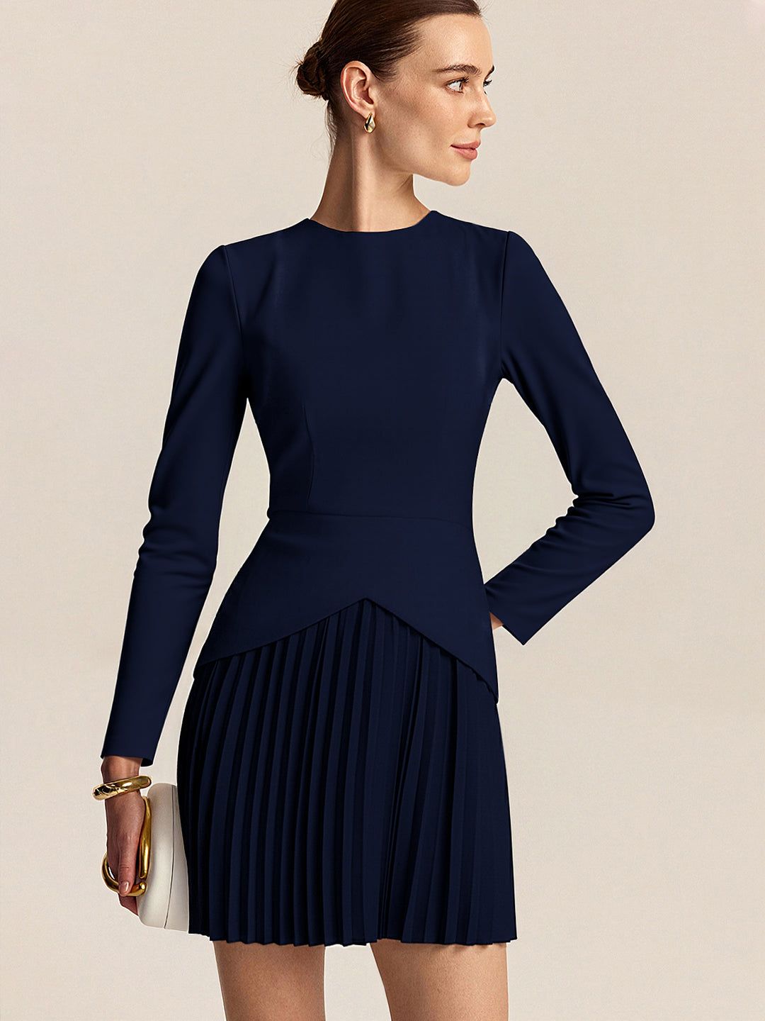 long sleeve dresses_Long Sleeve Color-Block Pleated Dress