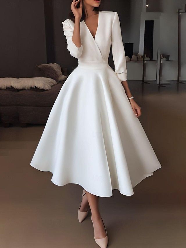 elegant dresses_A-Line Tea Length Wedding Dresses Bridal Shower Dresses Bridal Gown Vintage 1940s / 1950s Little White Dresses Half Sleeve V Neck Graduation Birthday Satin with Draping 2025 - $129.99