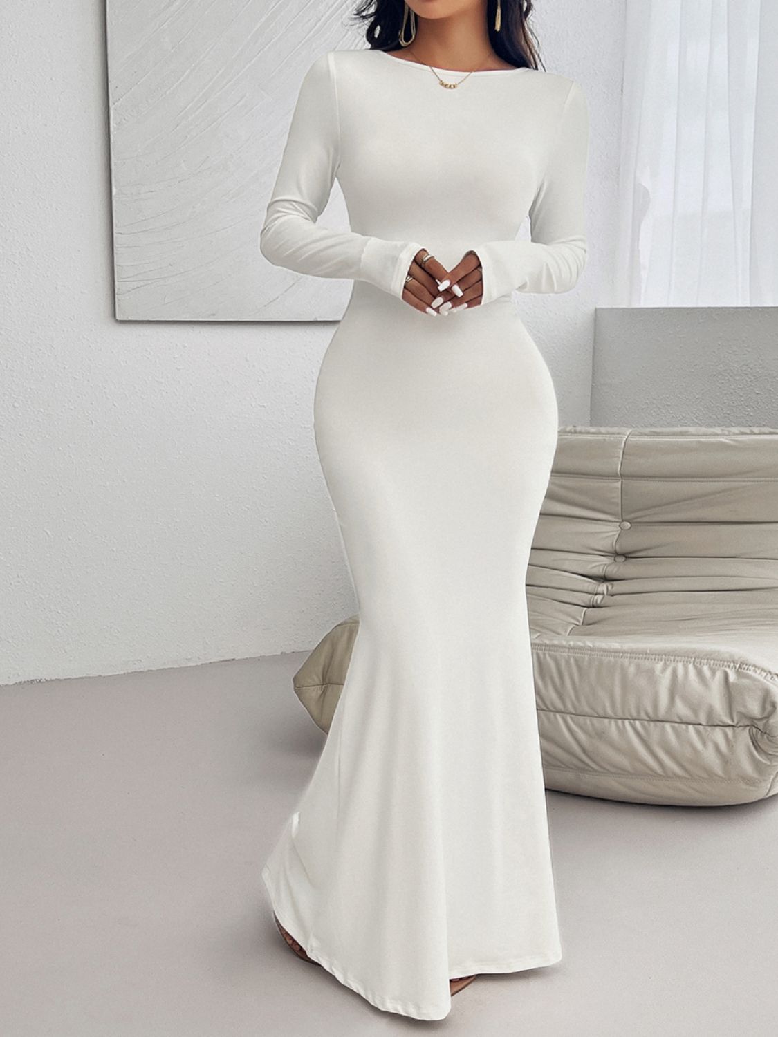 long sleeve dresses_Devine Backless Round Neck Long Sleeve Maxi Dress - Ivory / S