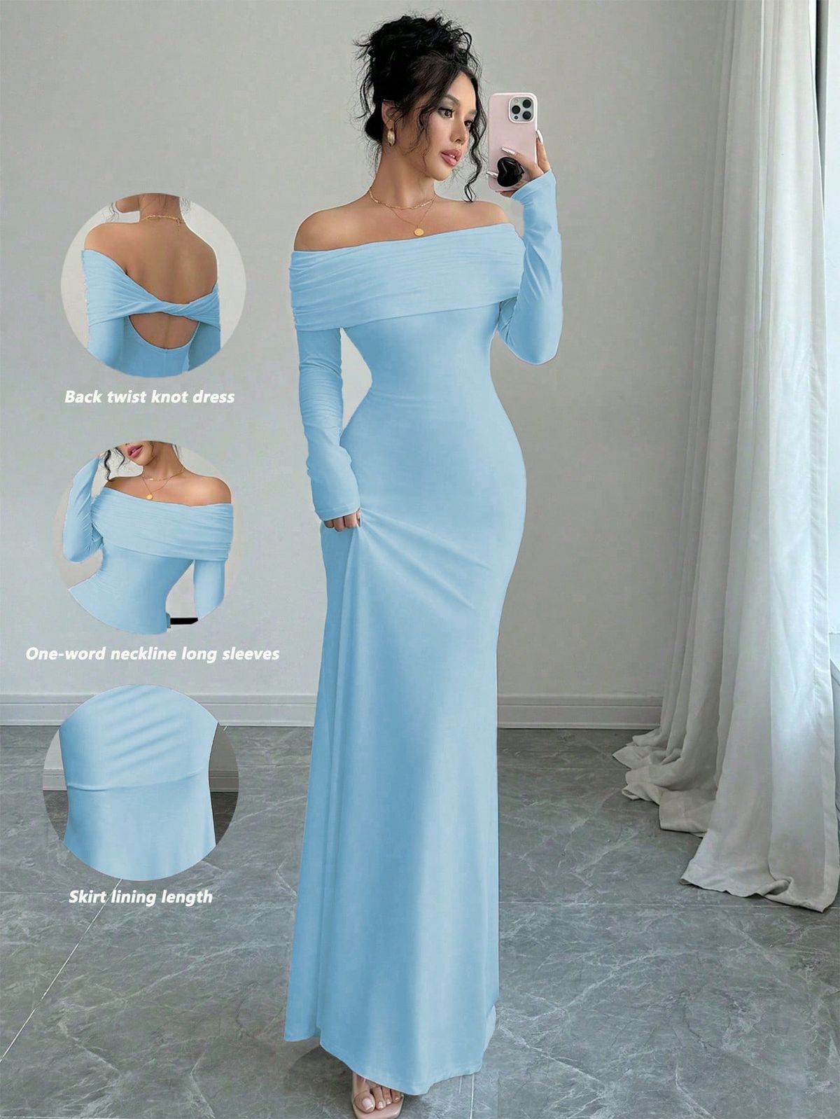 long sleeve dresses_Sexy Elegant Fitted Long Sleeve Cinched Waist Double-Layer Off Shoulder Twist Back Cut-Out Fishtail Hem Ribbed Knit Dress For Women, Autumn/Winter Maxi Women Outfit