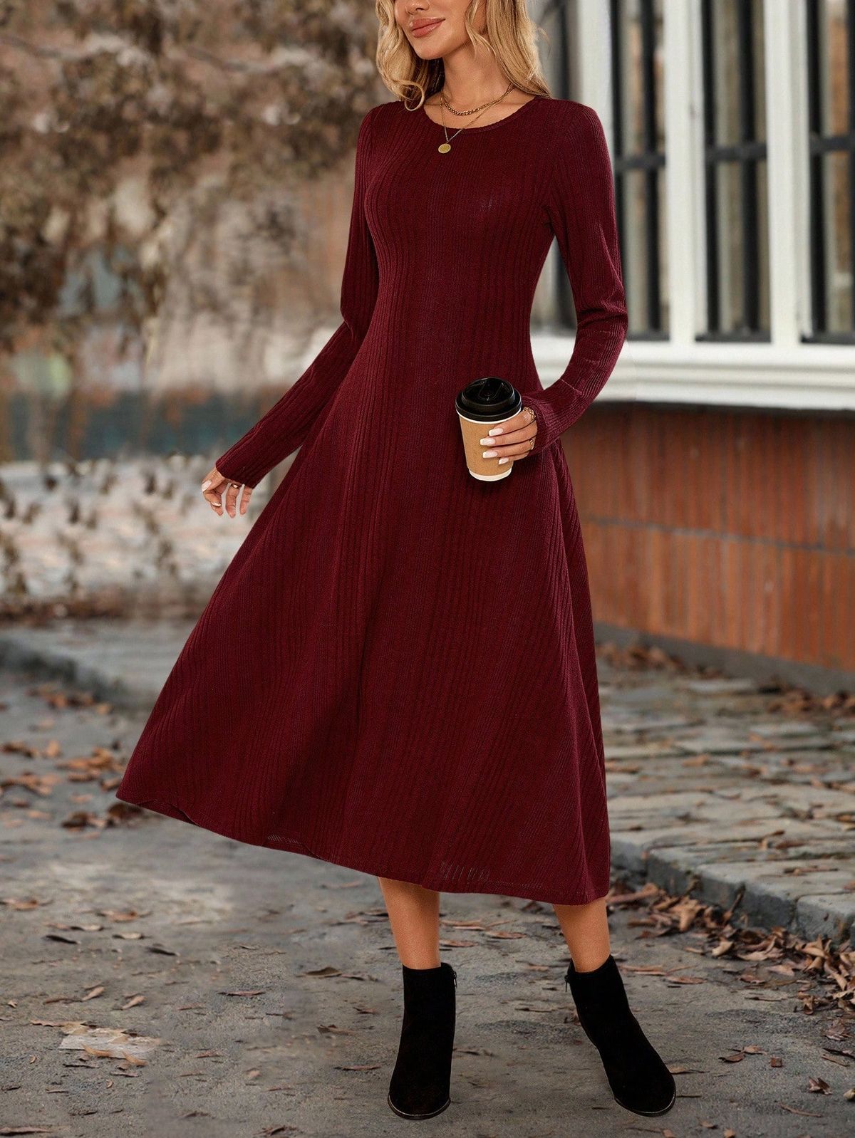long sleeve dresses_Women's Solid Color Round Neck Long Sleeve Ribbed Casual Mid-Length Dress, Autumn