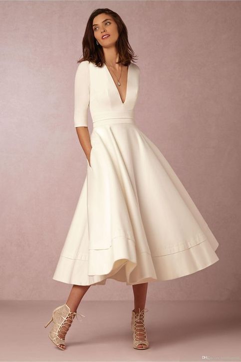 elegant dresses_Long Sleeve V neck Swing Vintage Wedding Dress,White Casual Dress with Sleeves,White Prom/Evening Gown