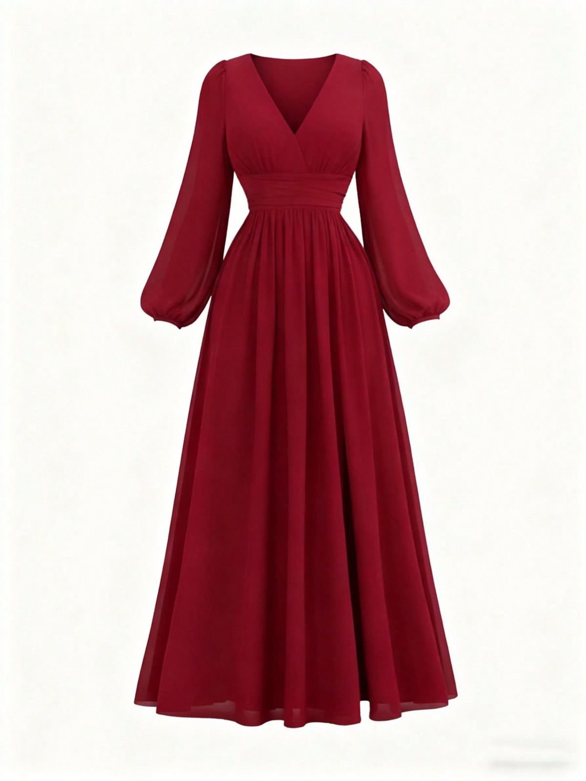 long sleeve dresses_Women's Elegant V-Neck Long Sleeve Pleated Woven Fabric Flared Maxi Cocktail Dress, Suitable For Special Occasions