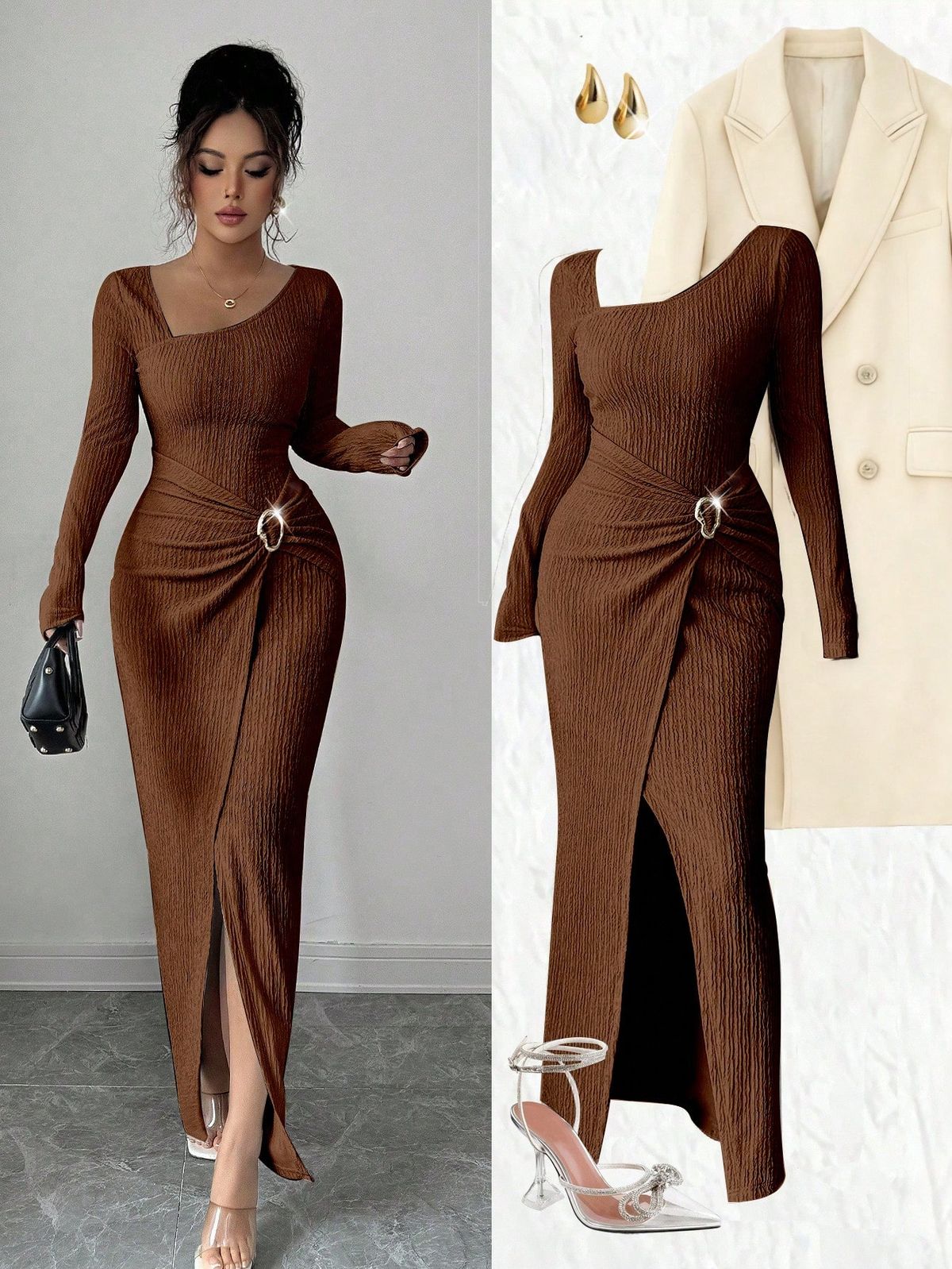 long sleeve dresses_Women's Solid Color Fashion Solid Color Twisted Long Dress ,Asymmetrical -Neck Knitted Texture Tight Bodycon, Twisted And Slit Design Dress,Classy Outfits For Women,Fall Women Clothes,Winter Modest Clothes For Women