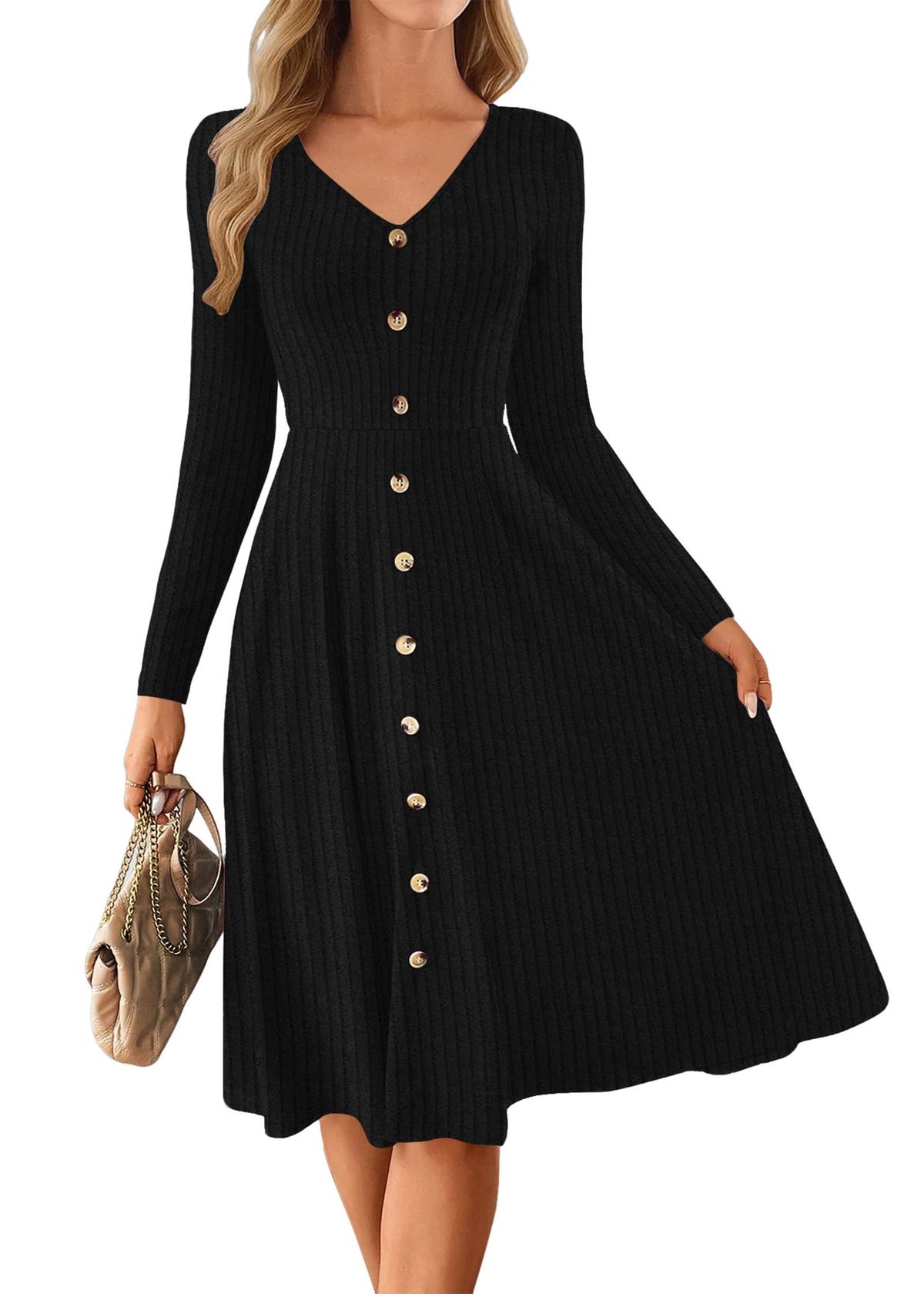 long sleeve dresses_Lazysmile Long Sleeve Fall Winter Dresses for Women V Neck Button Down A Line Swing Casual Knit Sweater Dress