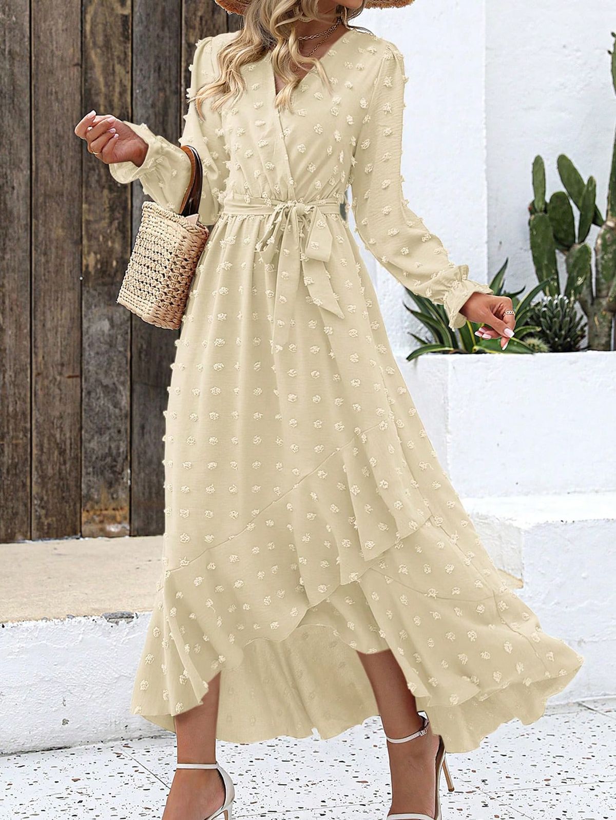 long sleeve dresses_Women's Spring Maxi Dress V Neck Swiss Dot Long Sleeve Flowy Slit Belt Waist Long Dress Fall Boho Wedding Party Beach Vacation Holiday Long Maxi Dress Outfits