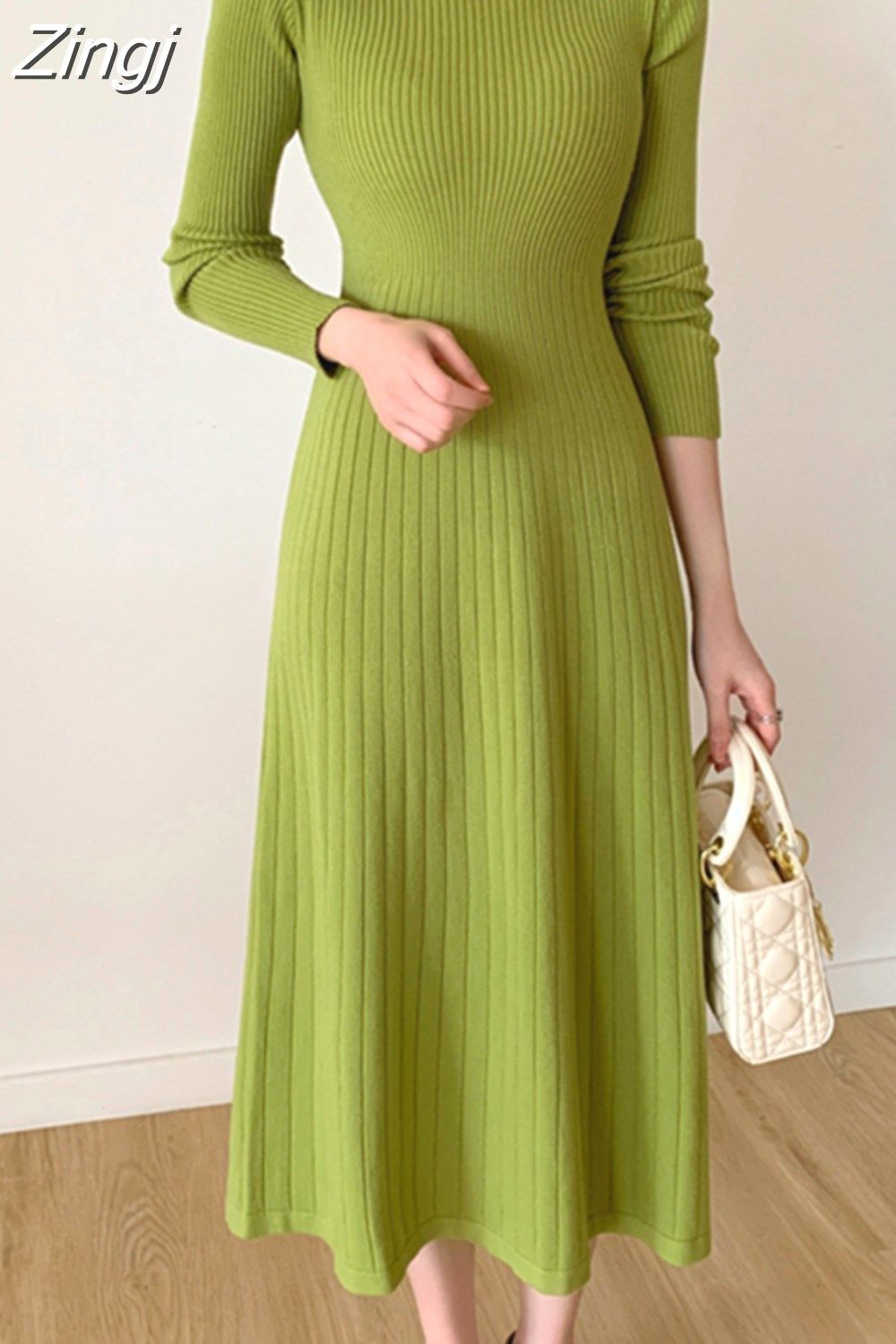 long sleeve dresses_Zingj Winter 2023 Slim Long Sleeve Party Midi Dress for Women Knitted Half High Collar Elegant Knitted Sweater Dresses Ladies Green-M