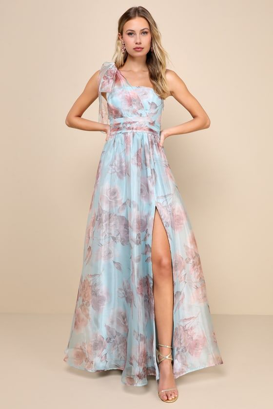 maxi dresses_Dramatically Lovely Blue Floral One-Shoulder Maxi Dress