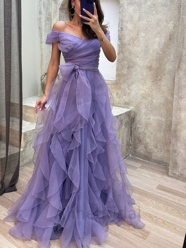 maxi dresses_Romantic Purple Tulle Off Shoulder Tiered Prom Dress-Ruffled Layered A-Line Evening Gown, PD3708 - US10 / Picture Color
