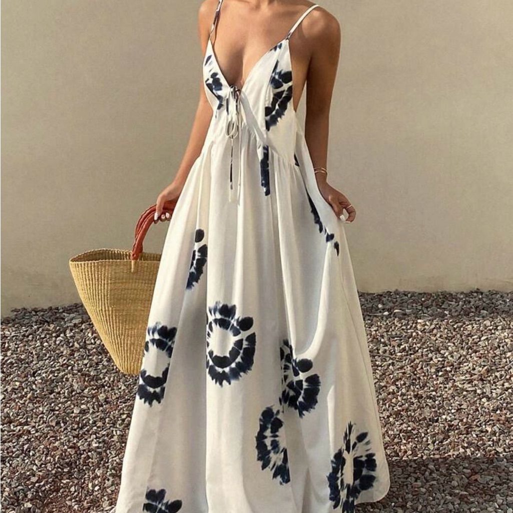 maxi dresses_Lovesso | Floral Print Spaghetti Strap Maxi Dress | Color: White | Size: M