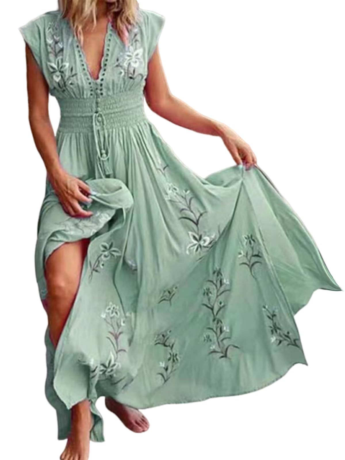maxi dresses_utcoco Women's Summer Beach Boho Floral A-Line Flowy Maxi Dress Sexy Cap Sleeve V Neck Smocked Long Dresses