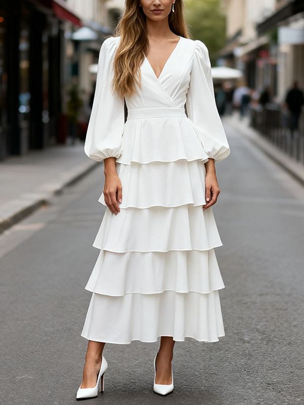 maxi dresses_Uoozee-Official A-Line High Waisted Layered Solid Color V-Neck Maxi Dresses WHITE / S