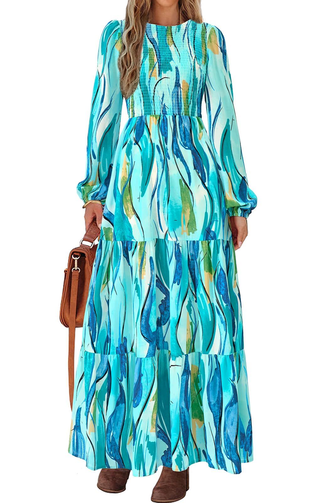 maxi dresses_PRETTYGARDEN Women's Fall Dresses 2025 Long Sleeve Flowy Casual Floral Maxi Dress Crew Neck Smocked Tiered Long Dress