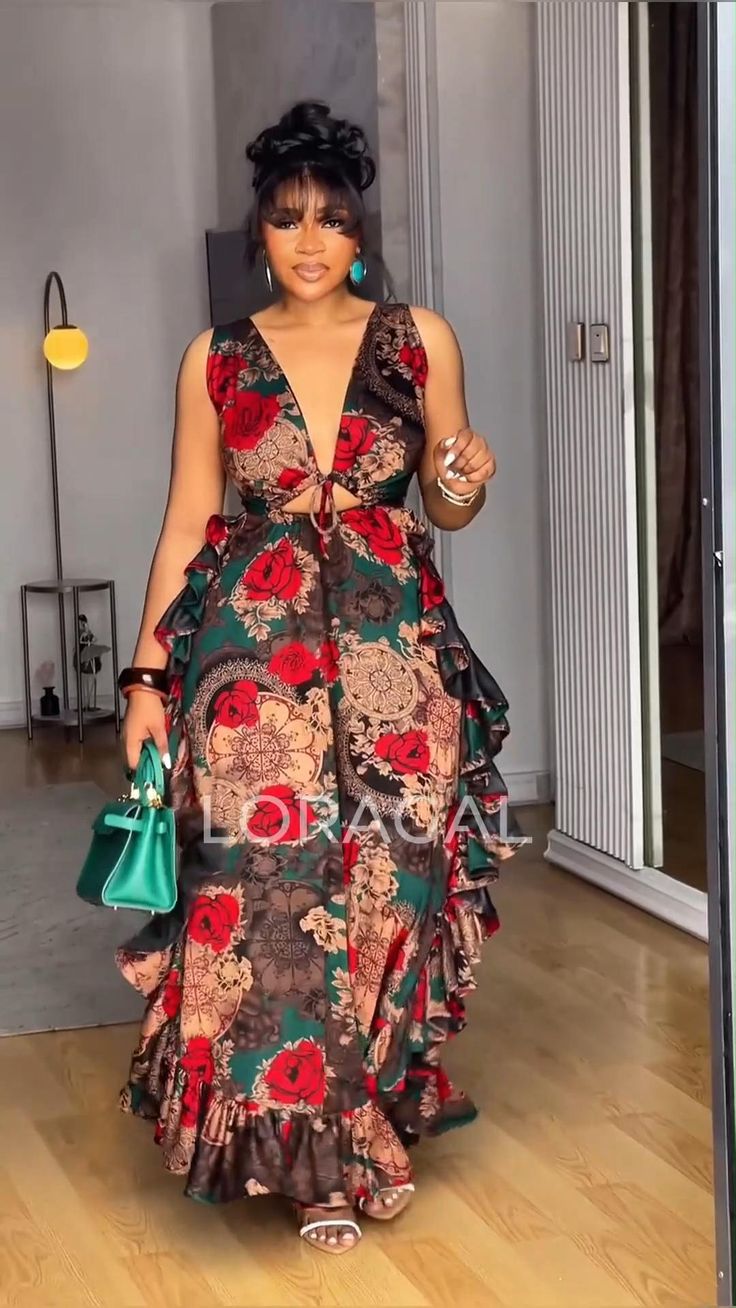 maxi dresses_Deep V Neck Sleeveless Floral Print Ruffle Party Maxi Dresses-Red