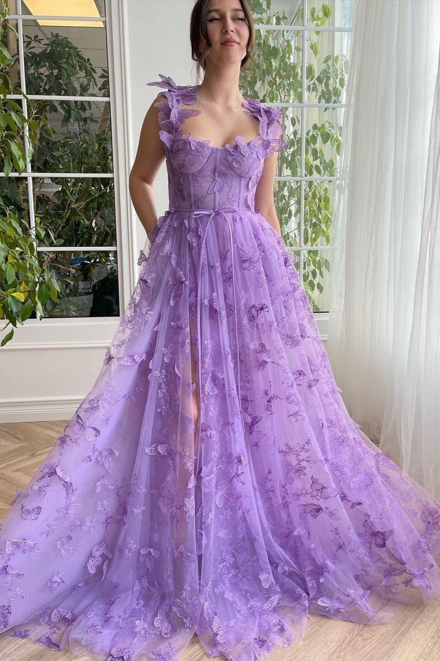 maxi dresses_Sheer Tulle Spaghetti Strap High Slit Party Dress