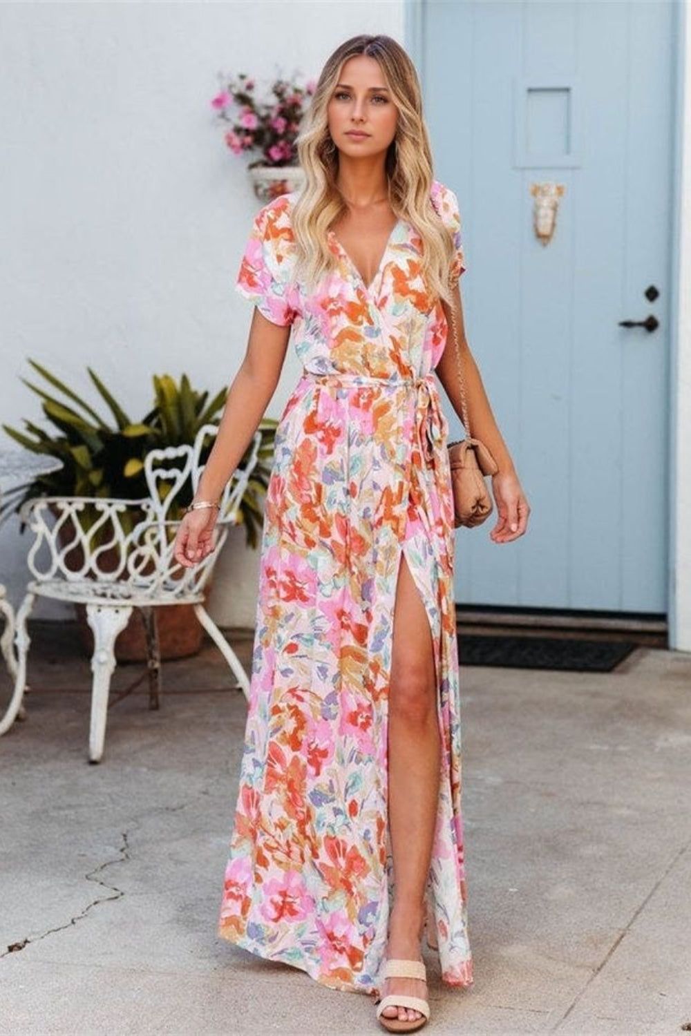 maxi dresses_Hazel Blues® |  Printed Surplice Short Sleeve Tie Waist Maxi Dress - Burnt Coral / M