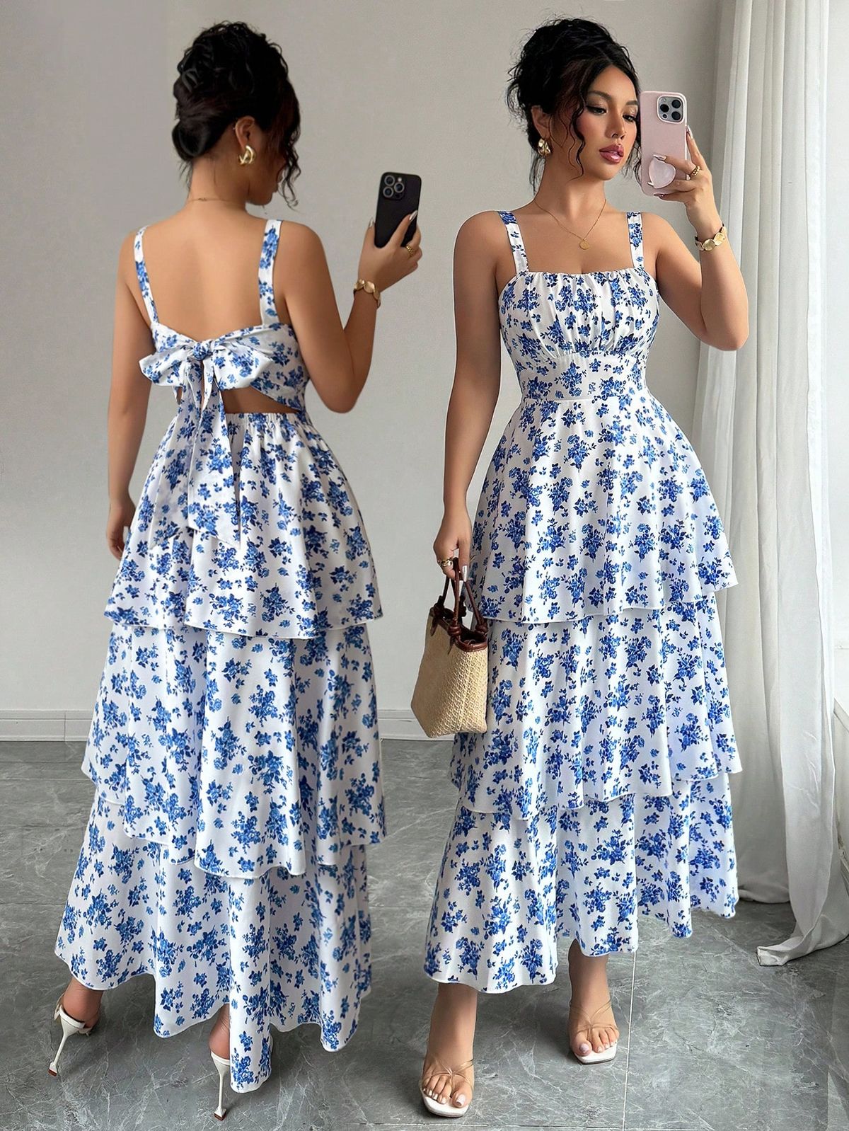 maxi dresses_Women's Spring/Summer Fashionable Elegant Sleeveless Strap Waist Layered Cake Dress, Floral Print, Refreshing, Suitable For Beach Date, Maxi Dress